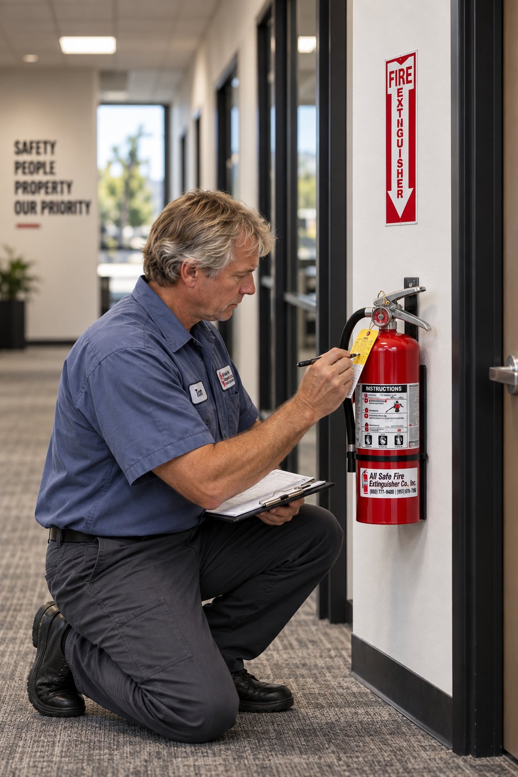 Tom checking the service tag on a wall-mounted fire extinguisher