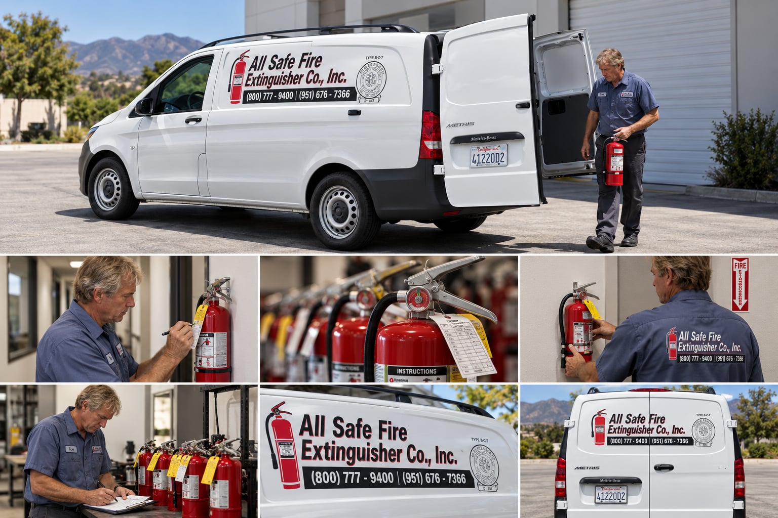 Seven-panel All-Safe collage featuring Tom, the branded service van, extinguisher inspections, and equipment details