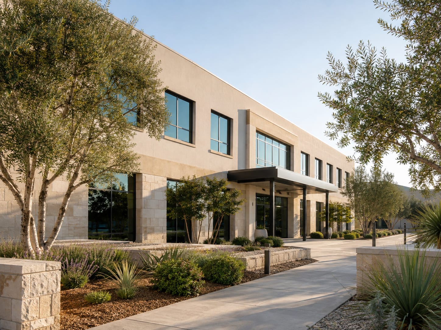 AI-generated illustration of a landscaped Southern California commercial building