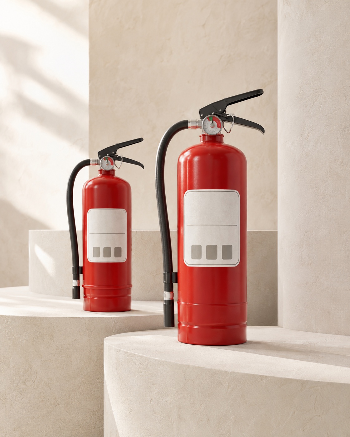 AI-generated illustration of two red portable extinguishers in a light studio