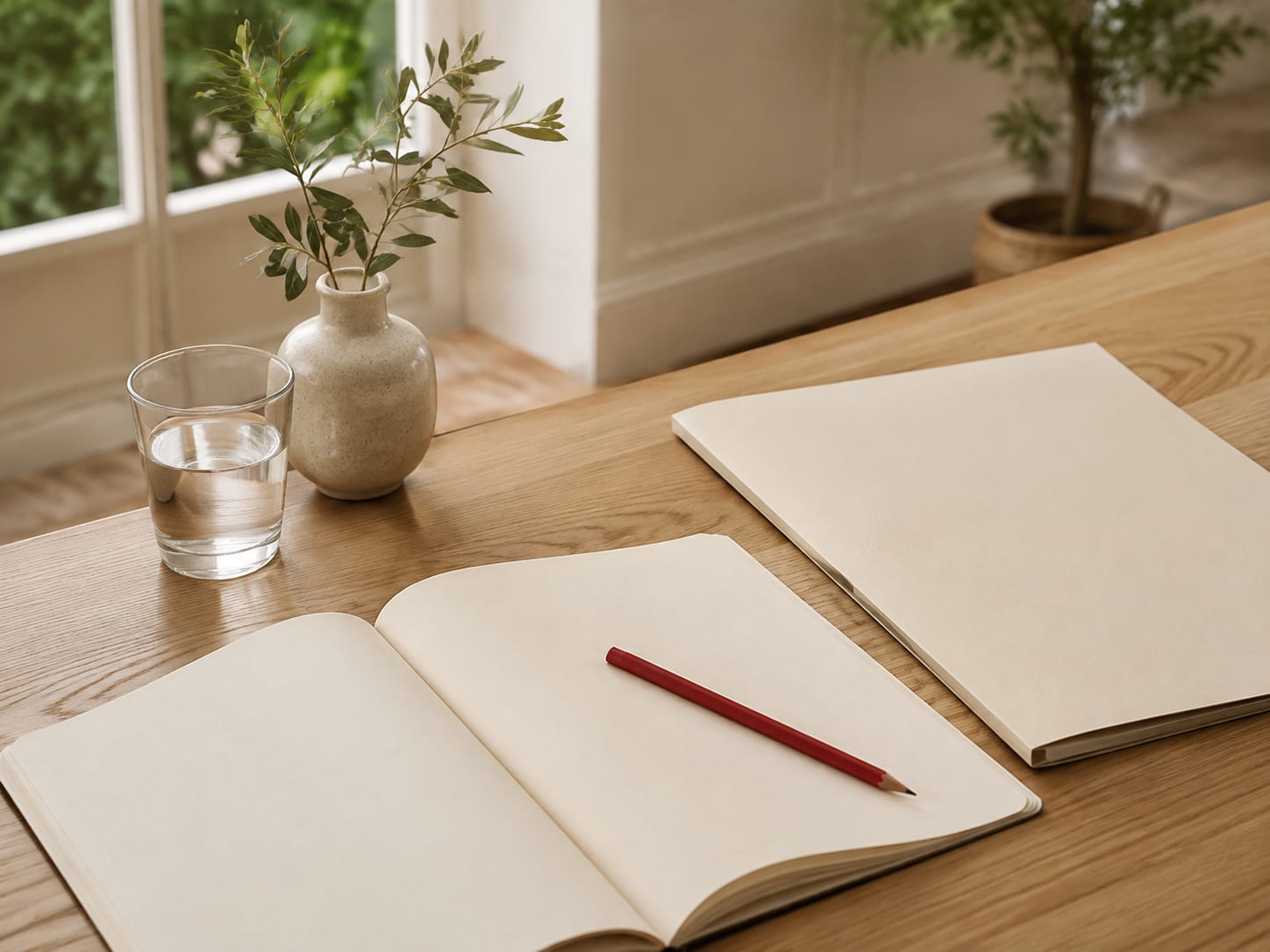 AI-generated illustration of a notebook and document folder on a bright desk