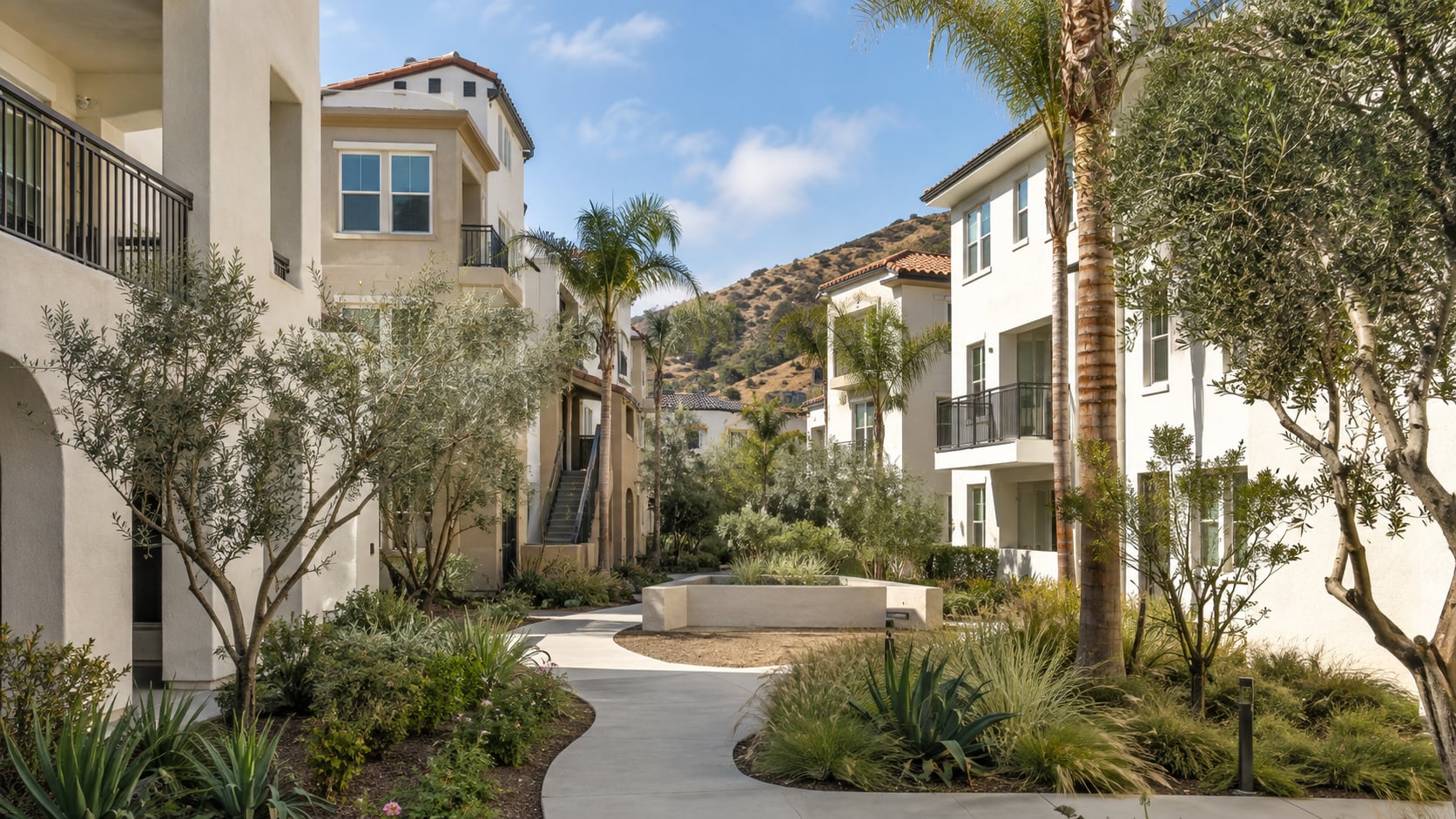 AI-generated illustration of a Southern California apartment courtyard